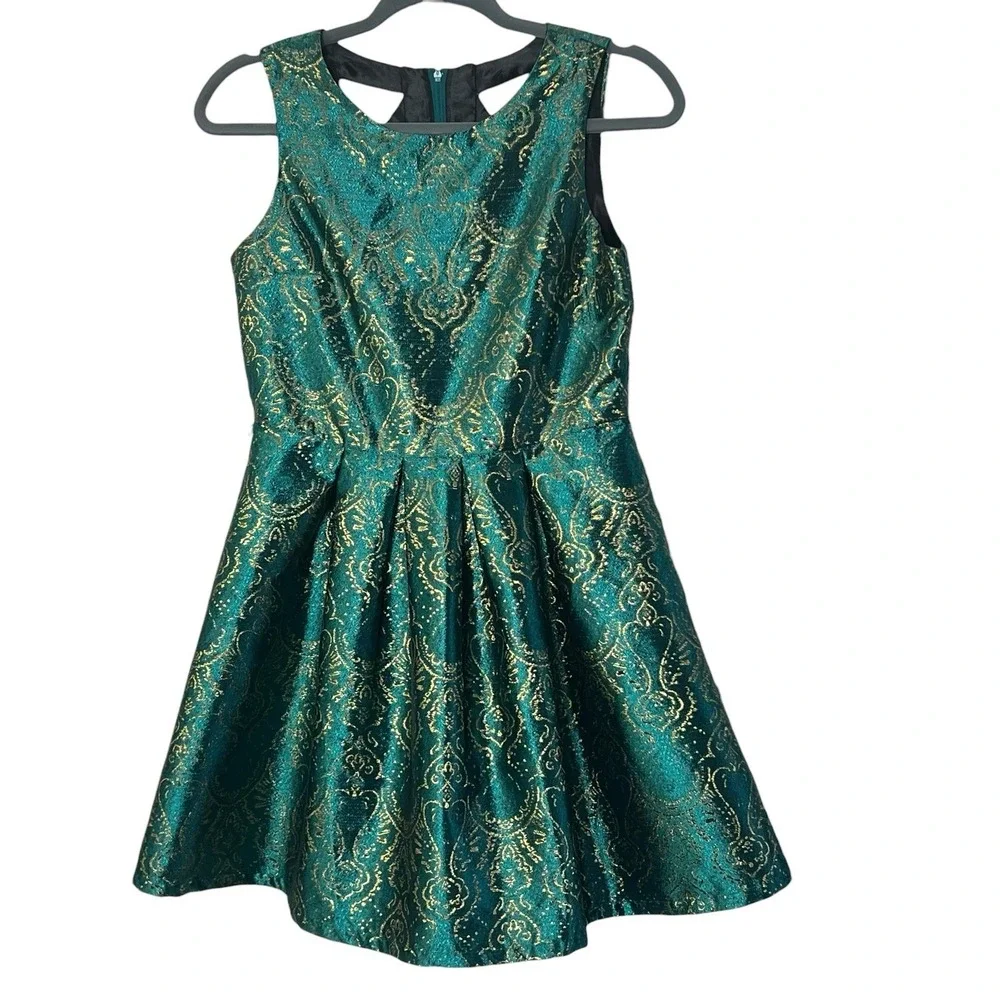 The Children's Place Girls Dress Size 14 Teal Green Gold Brocade‎ Party Holiday